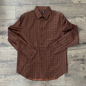 Vintage-Inspired Brown Print Button-Up Collared Retro 70s Long Sleeve Shirt Mens
